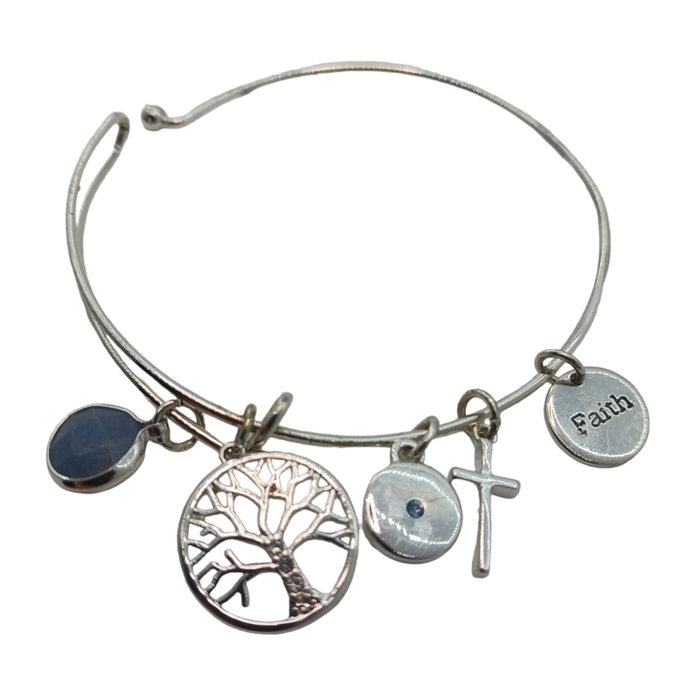 Womens Faith Silver Toned Bracelet Charms Blue Rhinestones Relgious Tree of Life